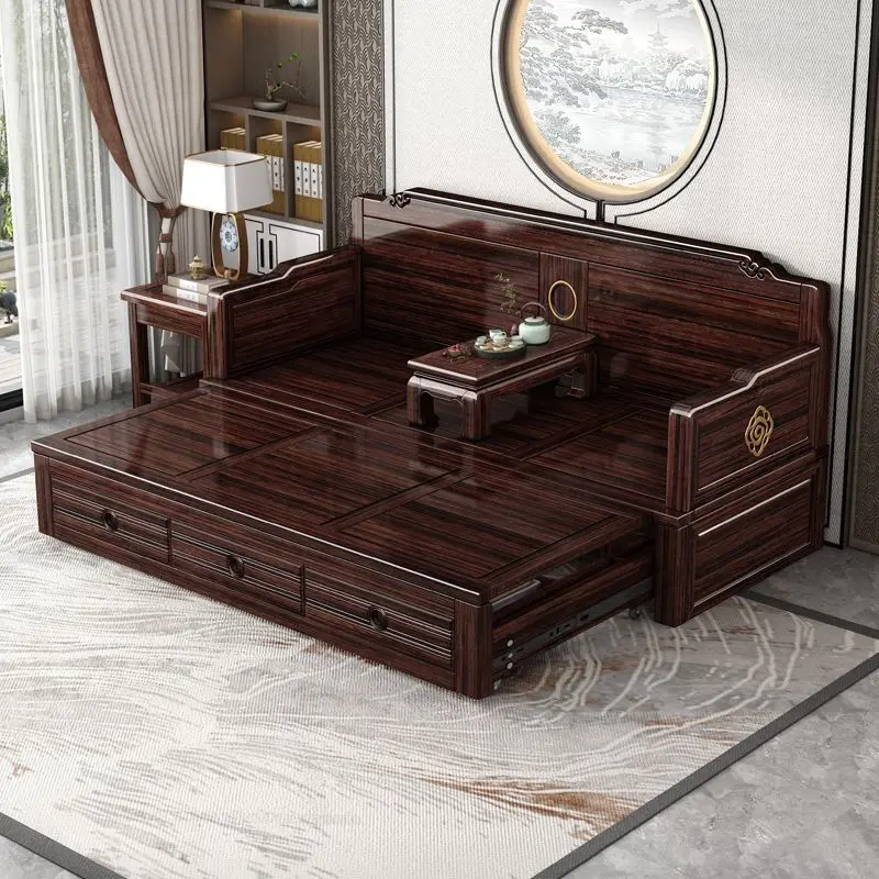Arhat bed solid wood push-pull push-pull folding sofa bed dual-purpose room living room red gold sandalwood bed full set