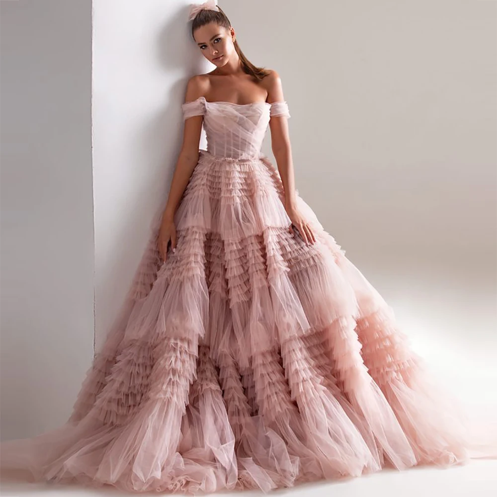 Amanda abito da ballo rosa chiaro abito da sera Sweet Tulle Sweep Train Prom Dress 2023 Off spalla Party Dress muslimmuslimatextido