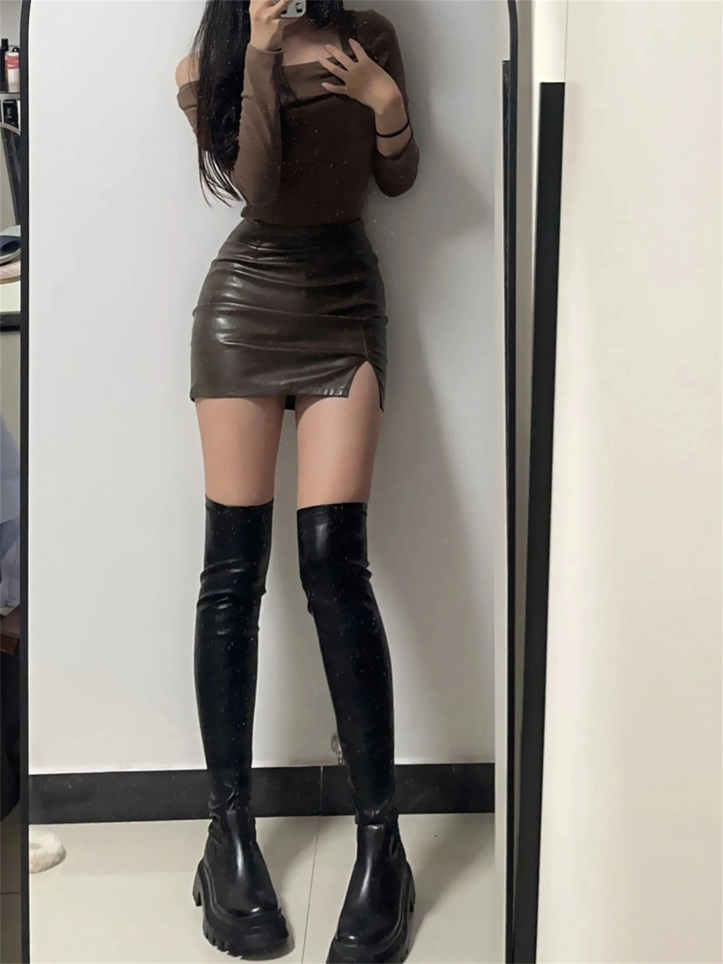 

Юбка А-силуэта с высокой талией, женская, весна-осень, новая, из искусственной кожи, с защитой от просвечивания, больших размеров, для полных женщин, скрывающая бедра, короткая