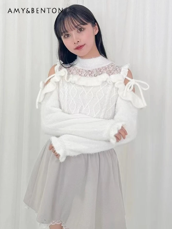 

Japanese Sweet Girl Off-the-Shoulder Soft Thickened Sweater Women Mine Cute Lace Stitching Bow Pullover Kawaii Свитер Winter New