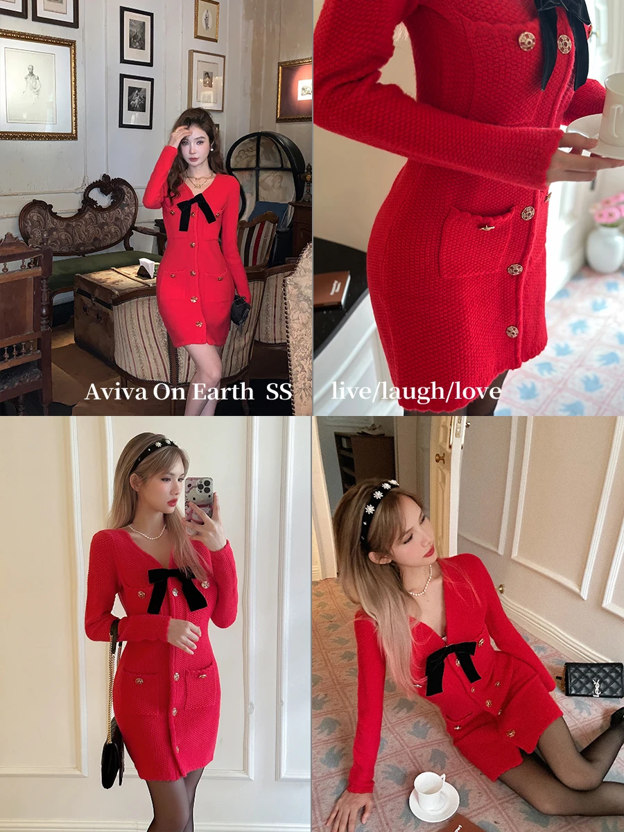 レッドロングスリーブニットワンピース レディース 秋冬 ハイウエスト スリムフィット ショート丈ニットスカート Vネック Aラインワンピース アースストア