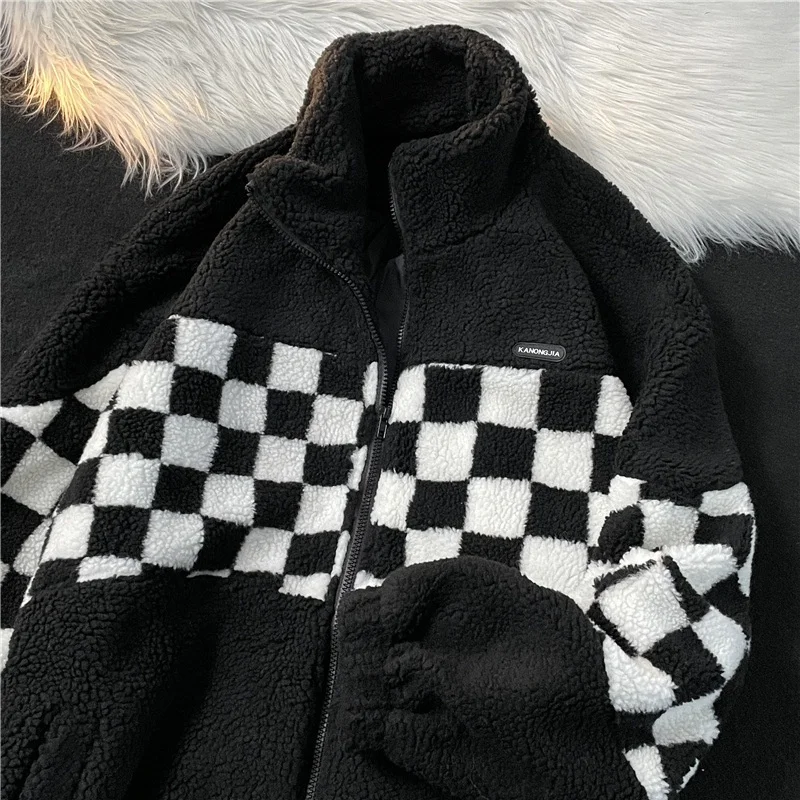 Couple loose standup collar cotton jacket checkerboard checkered lamb wool men\'s jacket