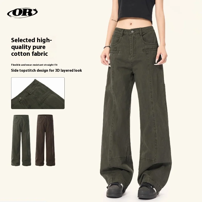 

OR FL American Retro Logging 100 Cotton Women Cargo Trousers Street Trendy Brand Cleanfit Staraight Wide Leg Pants Y2k Slacks