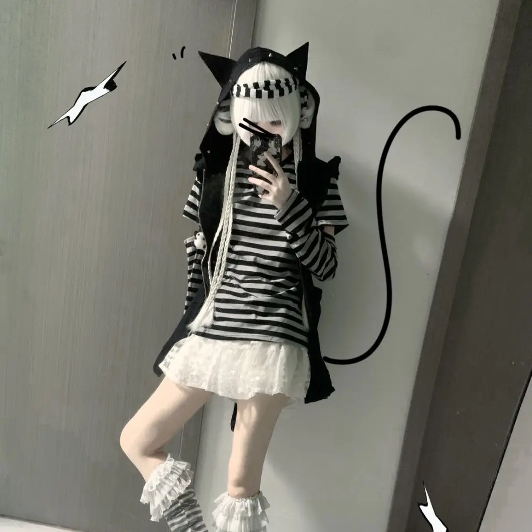 Hollow Out Striped Tops Autumn Spring Y2K Clothes Rivet Cat Ear Sleeveless Zip Up Hooded Coat with Tail New in Matching Sets