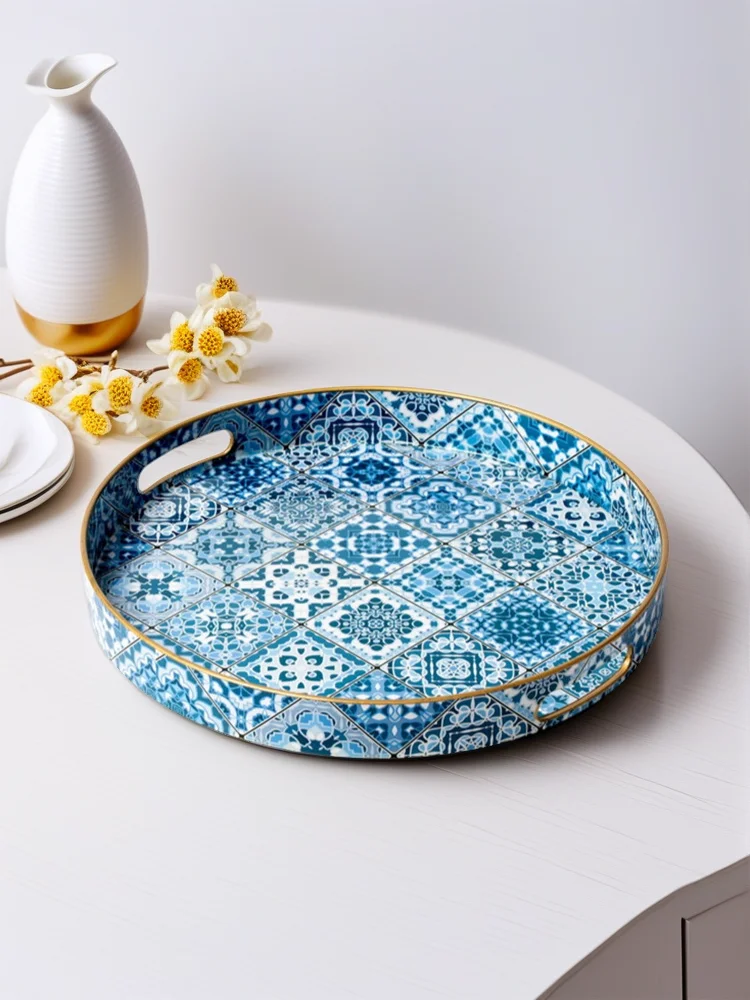 

Bohemian Style Round PP Plastic Tray with Handles, Decal Pattern Decorative Serving Tray for Home Decor, Dining Tray