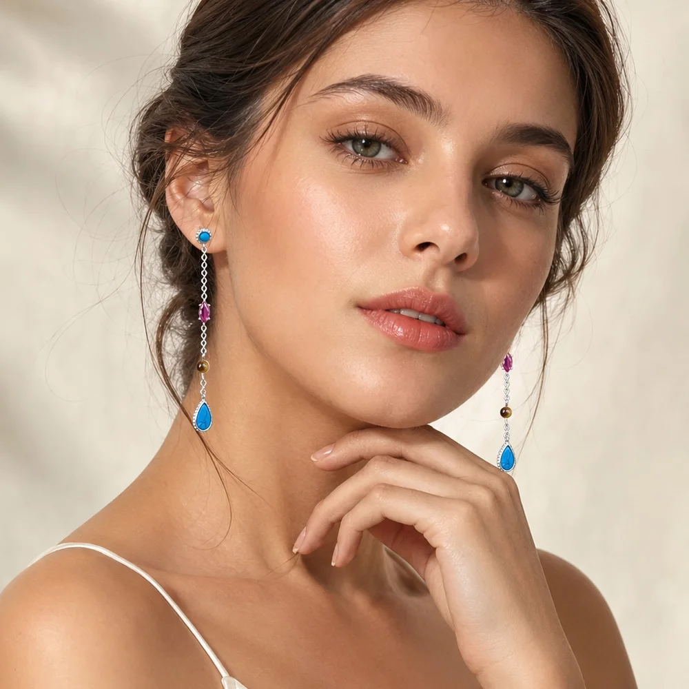 Earrings Riviera Colors Water Drop,Europe Happiness Fine Jewelry For Women Autumn Brand New Turquoise Sterling Silver 925 Gift
