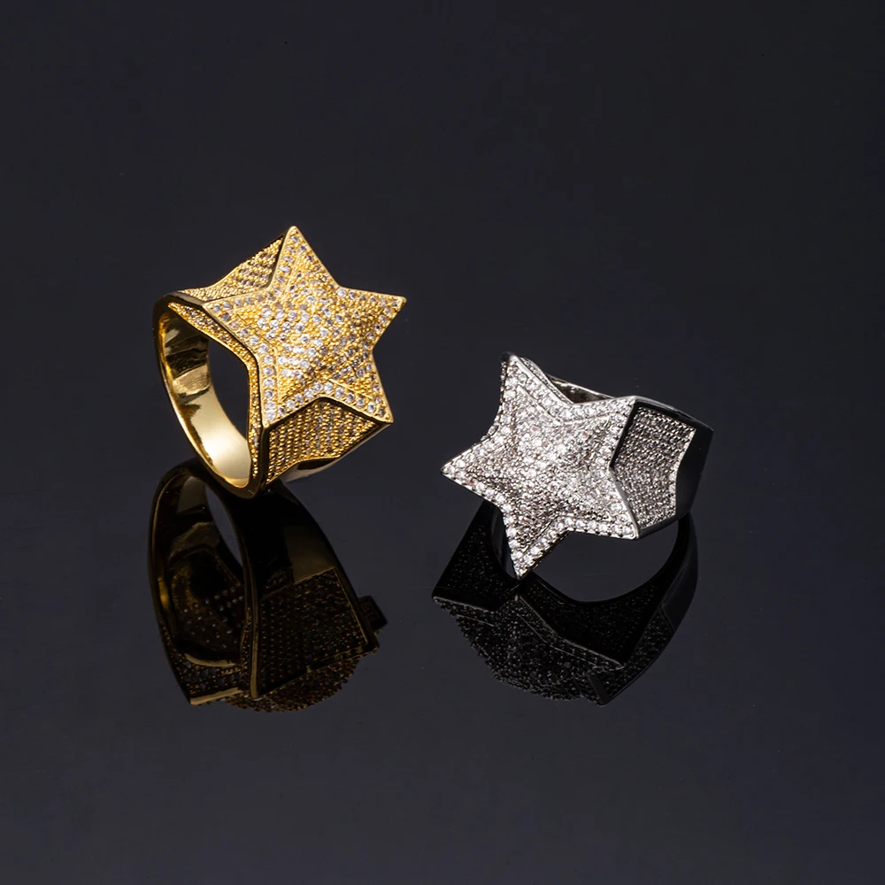 HipHop Jewelry Men Women High Quality Star Rings Brass Gold Plated Iced Out Zircon Micro Paved Solid Pentagram Five-Pointed Ring