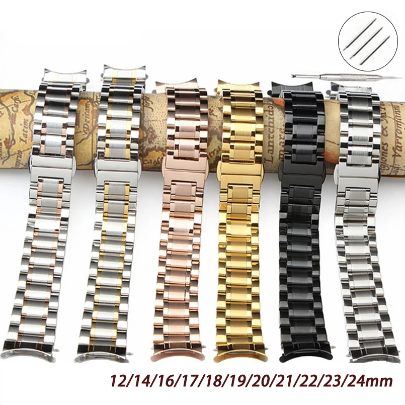 12mm 13 14mm 15 16mm 17mm 18 19mm 20mm 21mm 22 23mm 24mm Curved End Watch Band Full Stainless Steel Wrist Strap Butterfly Buckle