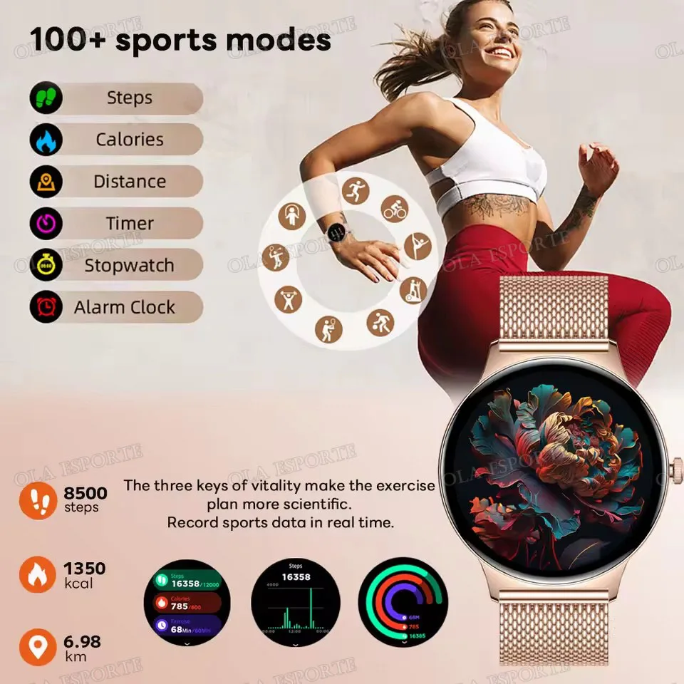 رقيقة جدا Smartwatch النساء 1.43 "HD AMOLED شاشة بلوتوث دعوة الساعات الذكية معدل ضربات القلب الصحة الرياضة اللياقة البدنية لنظام أندرويد IOS