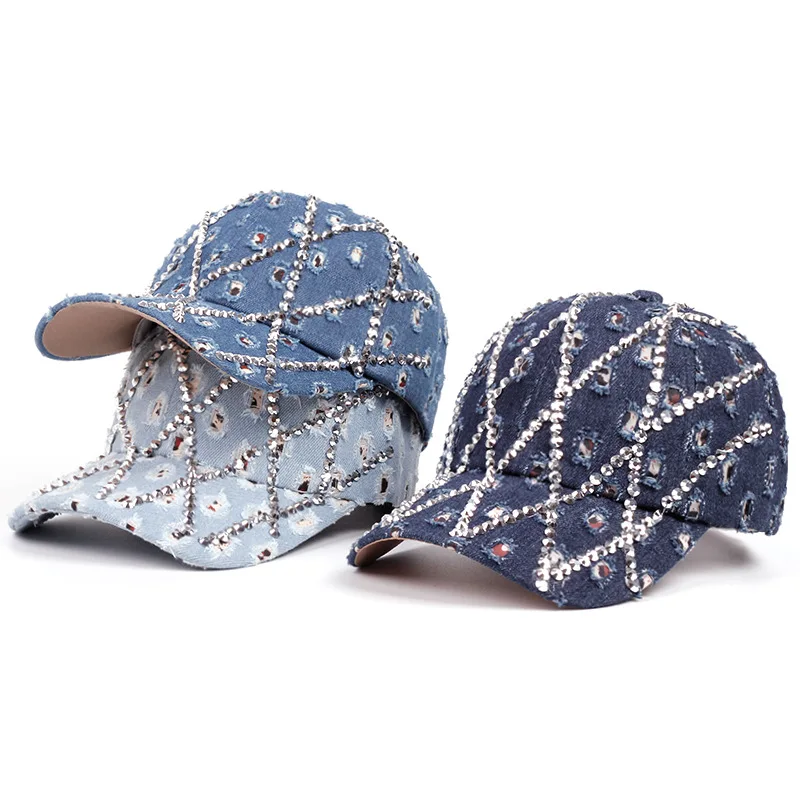 Rhinestone Argyle Distressed Denim Baseball Caps For Men Women Adjustable Sun Protection Casual Street Hats Light Cyan Navy Avai