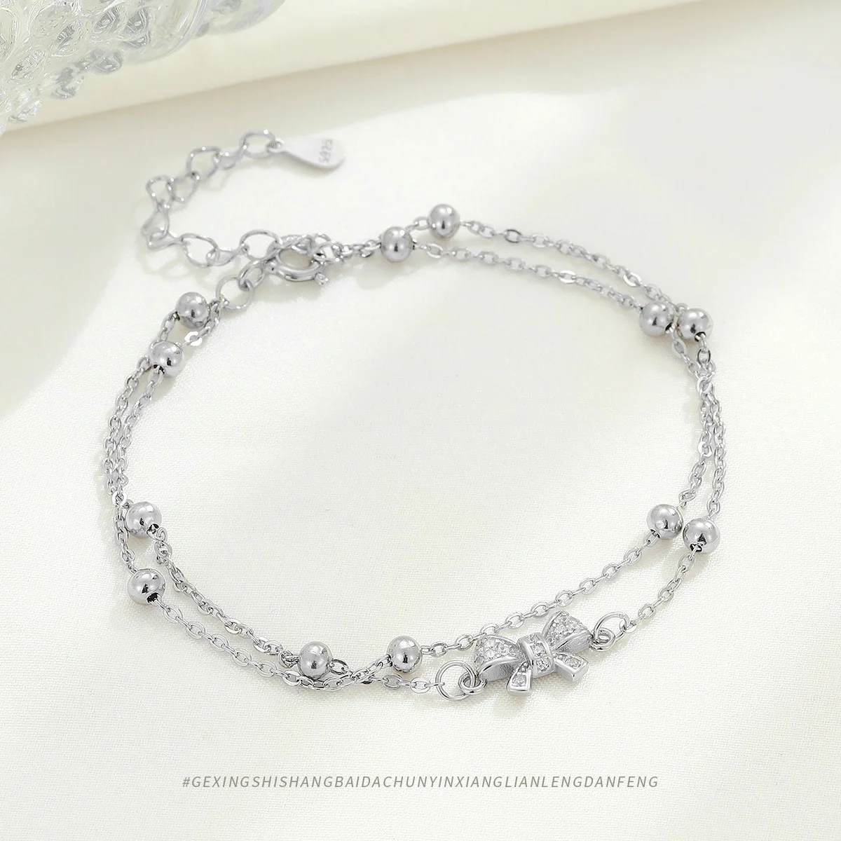 

Delicate Double-Layered S925 Sterling Silver Bracelet with Butterfly Knot - Unique Charm Jewelry with Beads for Fashion Women