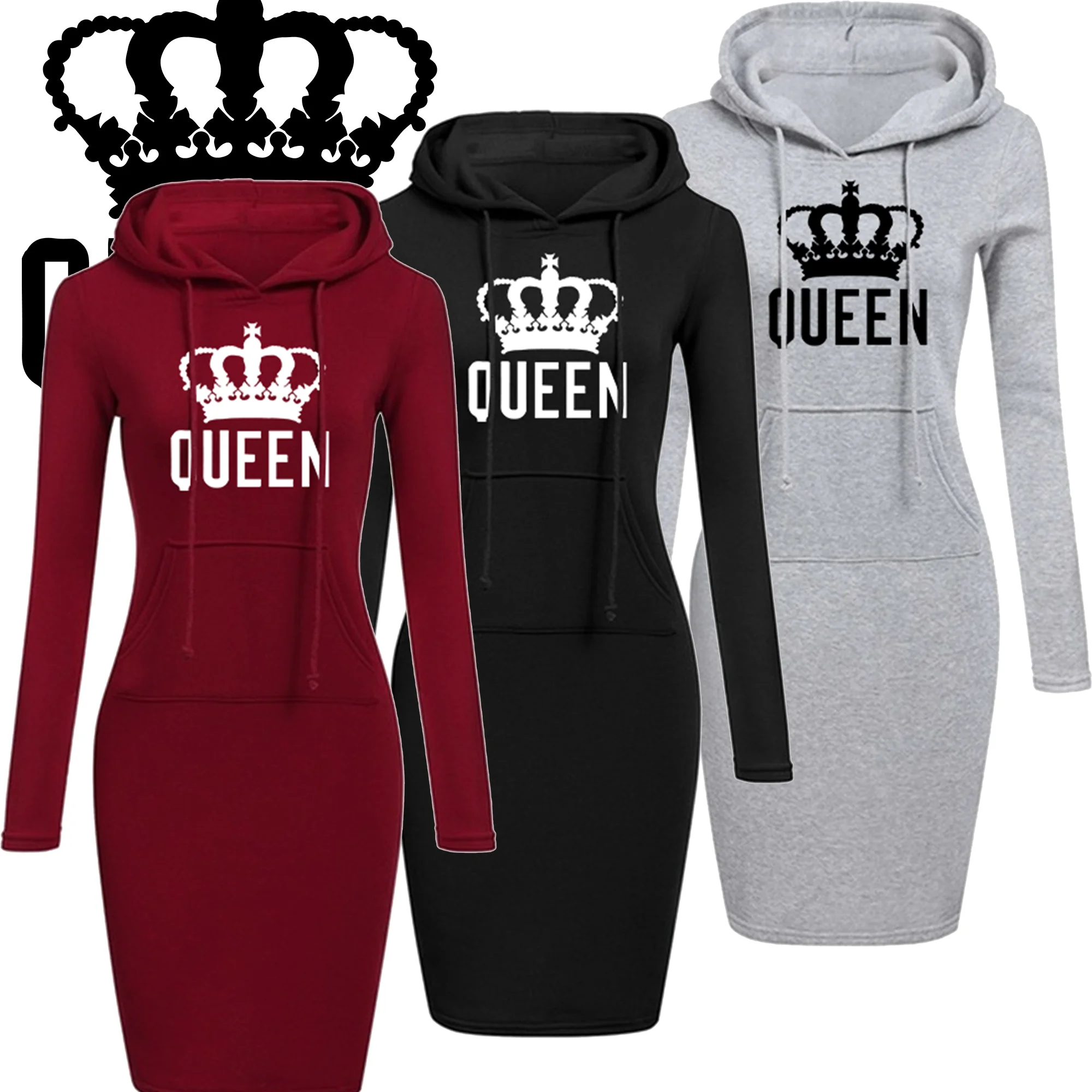 Daily Hot Casual Slim Queen Printed Women\'s Hoodie Knee Dress Sweatshirt Casual Pocket Hoodie Fashion Hoodie Dress Pullover