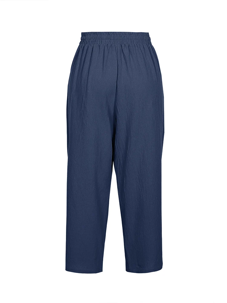 Einfarbige Freizeithose mit Kordelzug und hoher Taille in Übergröße – Lässige Alltagshose, einfache Hose mit elastischem Bund – Detail 5