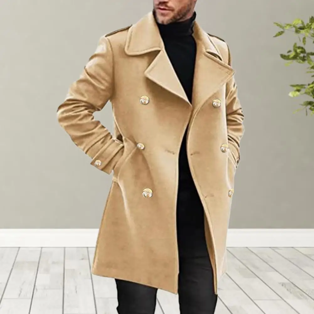 

Men Winter Coat Double-breasted Mid Length Overcoat with Turn-down Collar Warm Pockets for Men Solid Color Streetwear for Fall