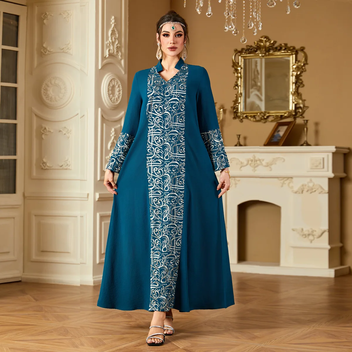 

Women's Solid Color Elegant Embroidered Patchwork Four-season Dress Women's Robe Robe Abaya Ramadan Dubai Luxury Islam Elegant