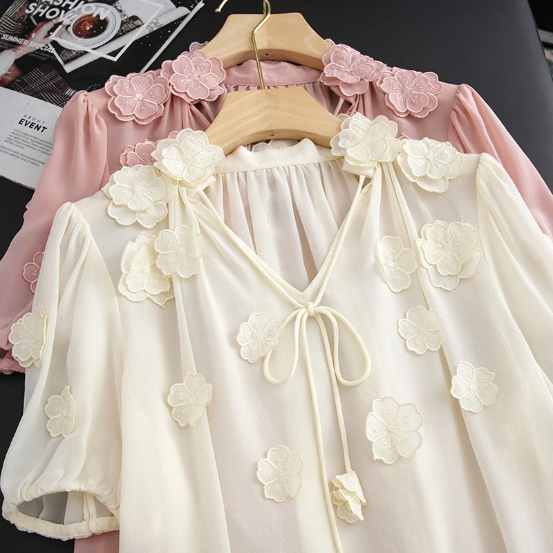 

Elegant V-Neck Silk Shirt Women's Top Instant Love at First Sight 3D Embroidery Floral Design True Silk Silk Blouse