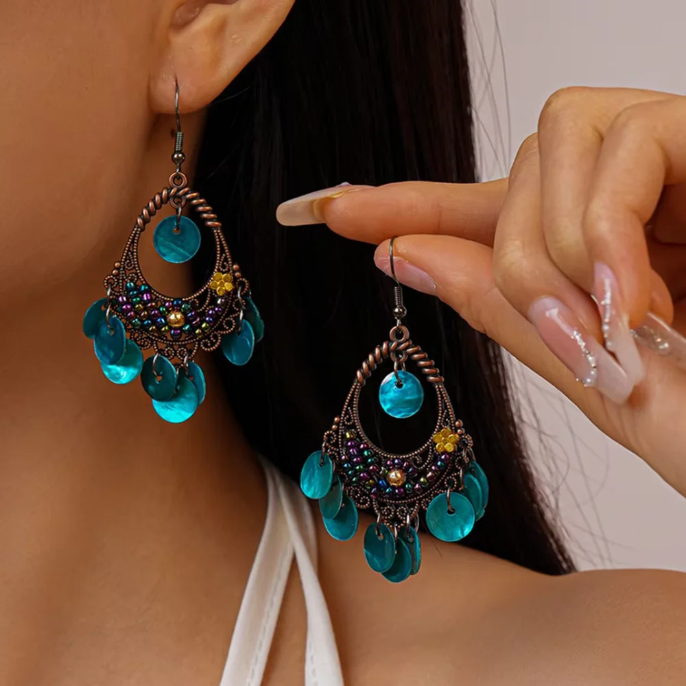 Vintage Beaded Shell Tassel Earrings For Women Anniversary Jewelry Accessories Bohemian Women Hollow-out Geometric Earrings