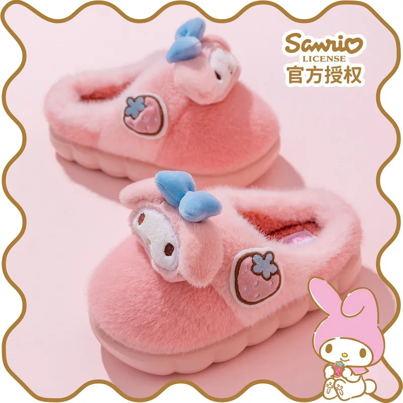 Sanrio Winter Cute Cartoon Non-slip Children\'s Plush Slippers Soft Sole Flip Flops Kids Girls Indoor Mule Warm Home Cotton Shoes