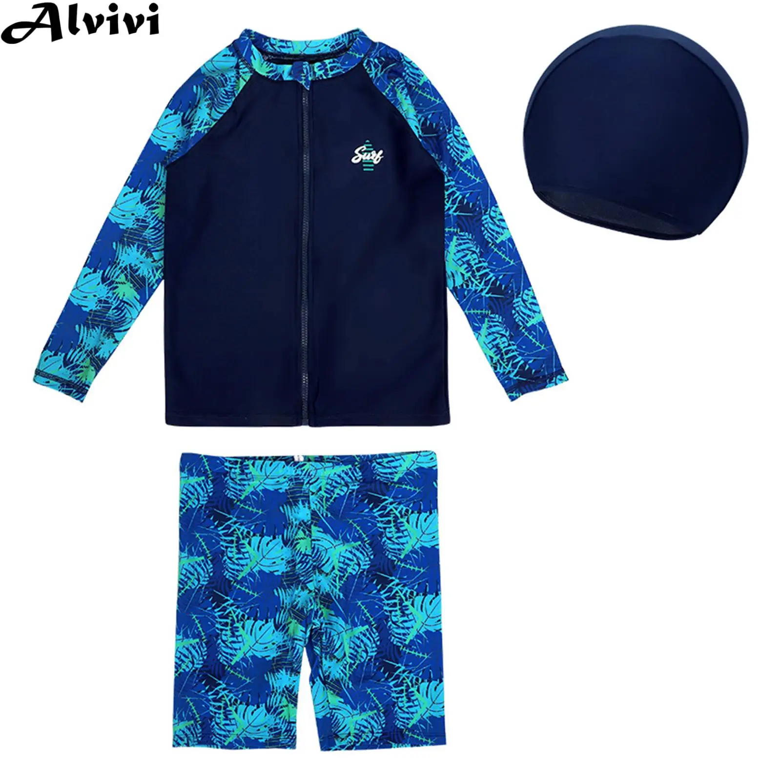 Kids Boys Sunscreen Swimsuit Rash Guard Wetsuit Long Sleeve Zipper Top with Shorts and Hat Bathing Suit for Surfing Beach Pool