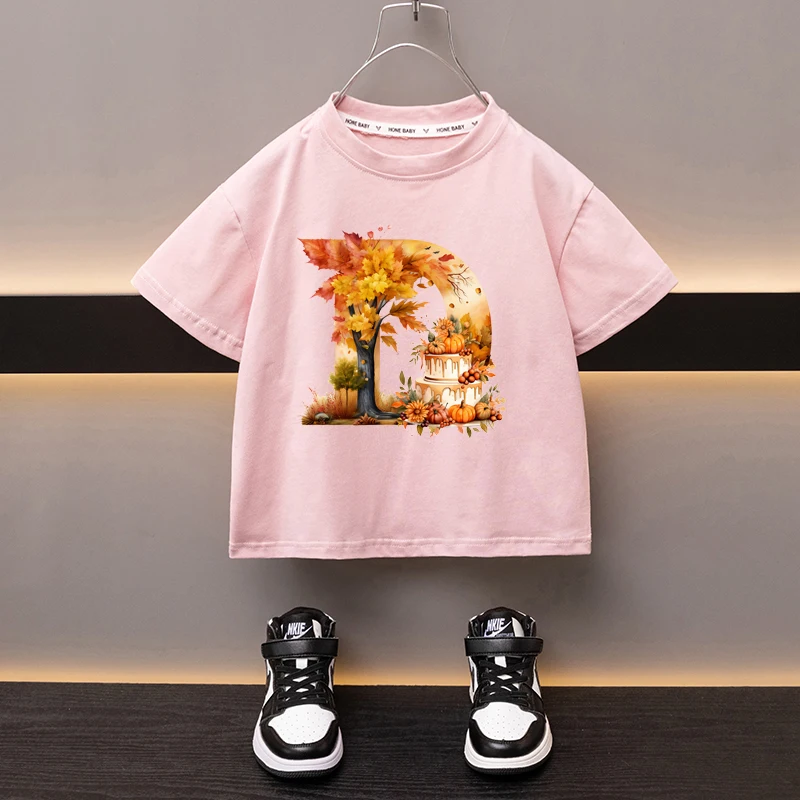 Maple Leaves Letter D Children T-shirt Kawaii Clothes for Girls T Shirt Anime Cartoons Casual Kid Boy Short Sleeve Tops New 2024