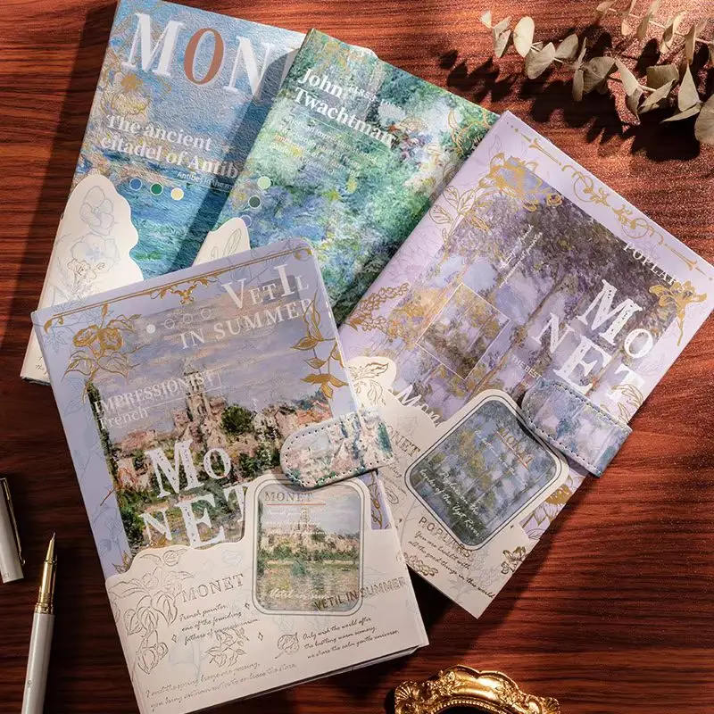 Retro Classic Notebook Beautiful Monet Oil Painting Design Hardcover Hand Ledger Color Page Illustration Student Diary Notepad