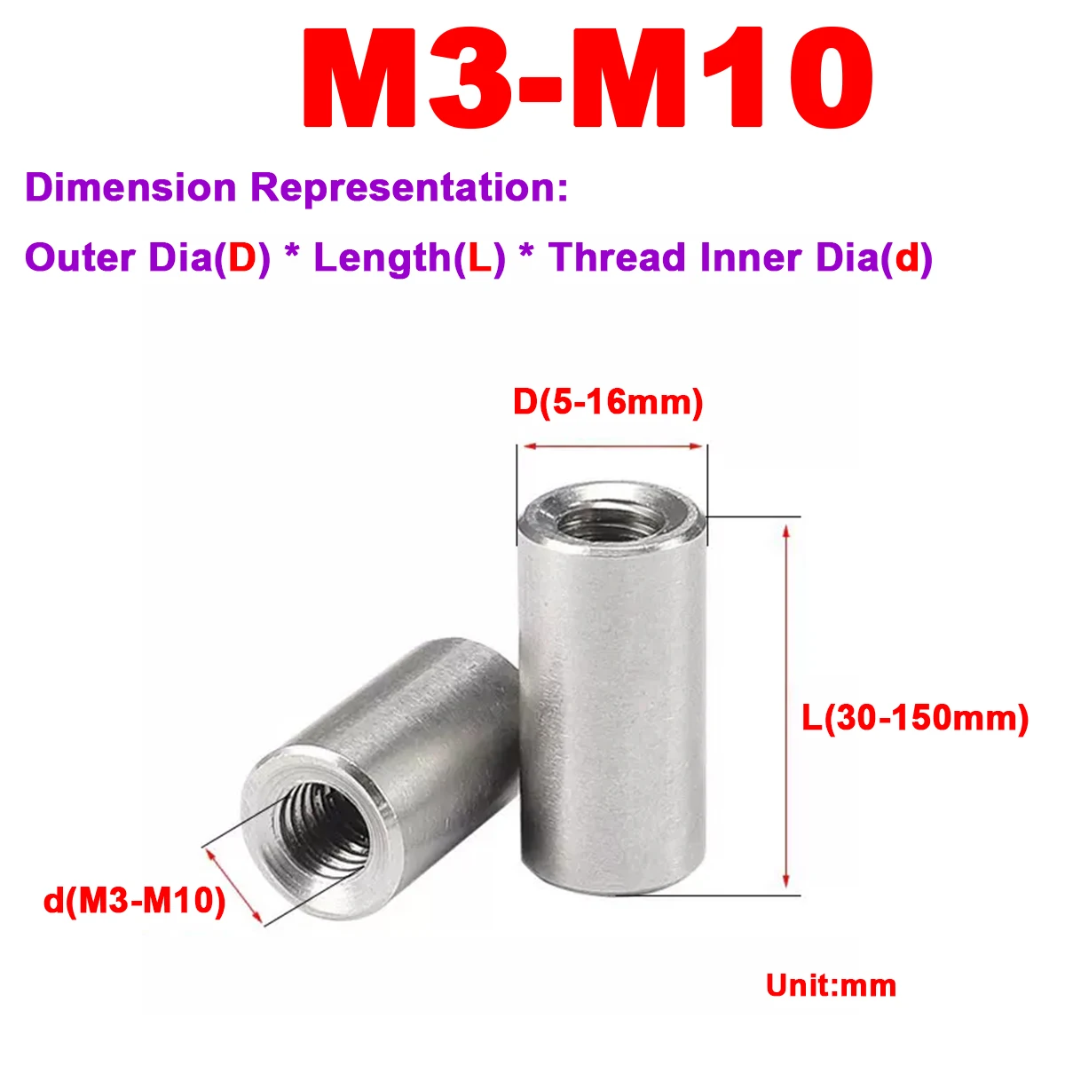 304 Stainless Steel Double Head Internal Thread Cylindrical Pin Support Column Connecting Rod M3M4M5