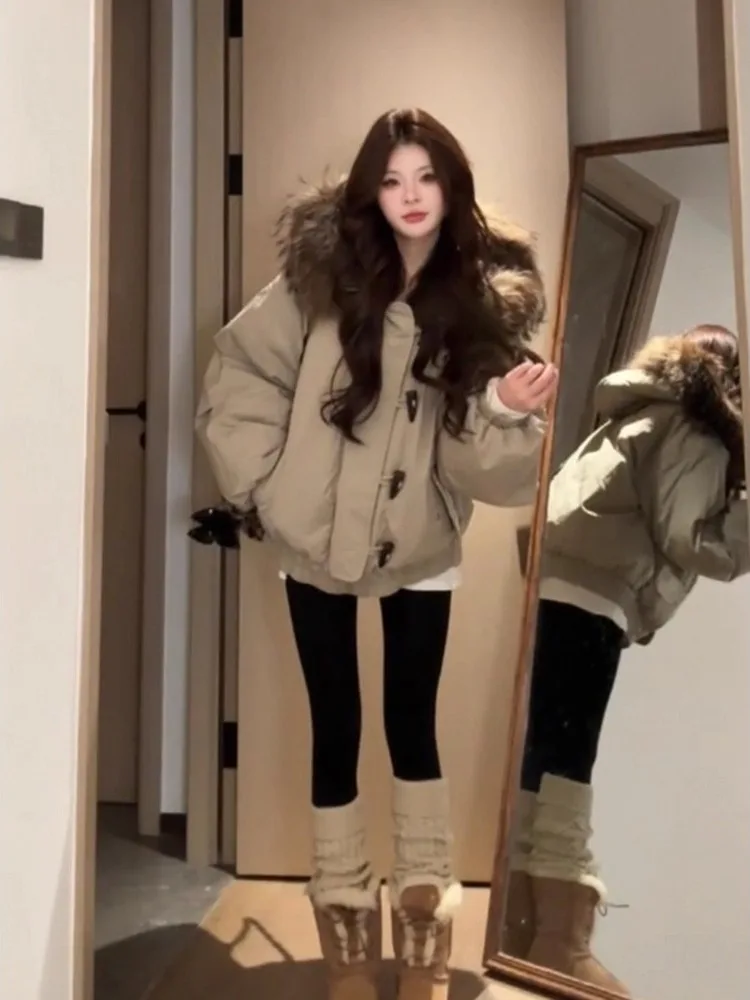 

plus Size Women's Casual Hooded Cotton Jacket with Fur Collar Button up Slimming Loose Fit Winter Outerwear Coat