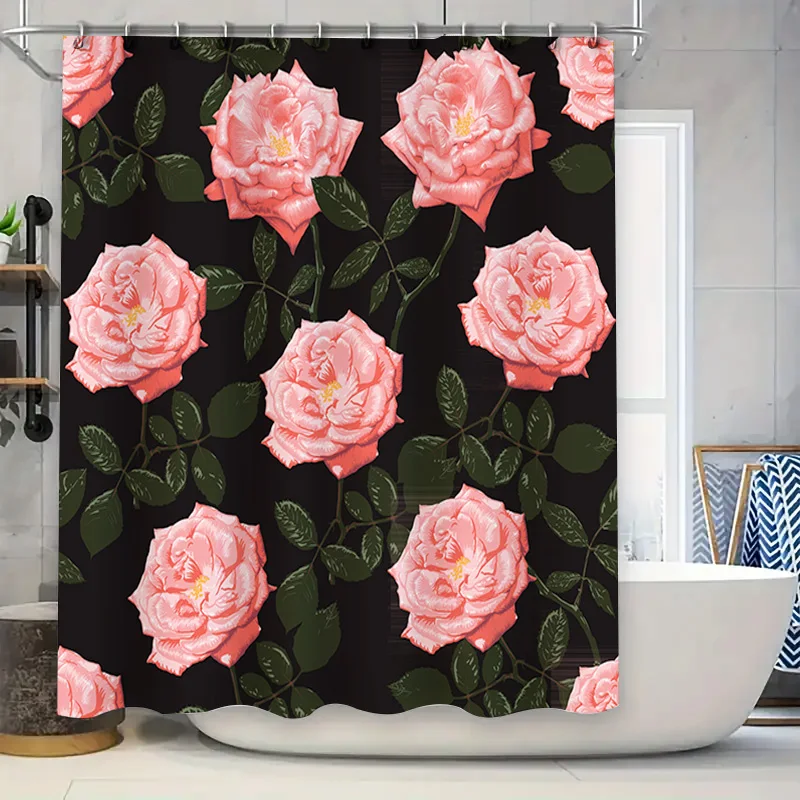 

Luxury Pink Rose Print Shower Curtain Fabric Waterproof Bathroom Decor Home Decoration for Bathtub Black Pink 72x84 Set with Rod