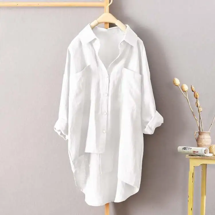 Women's Long irt with Double kets Commute Sle Cotton Formal Wear Resistant to Deformation Pure Color Busin Lady