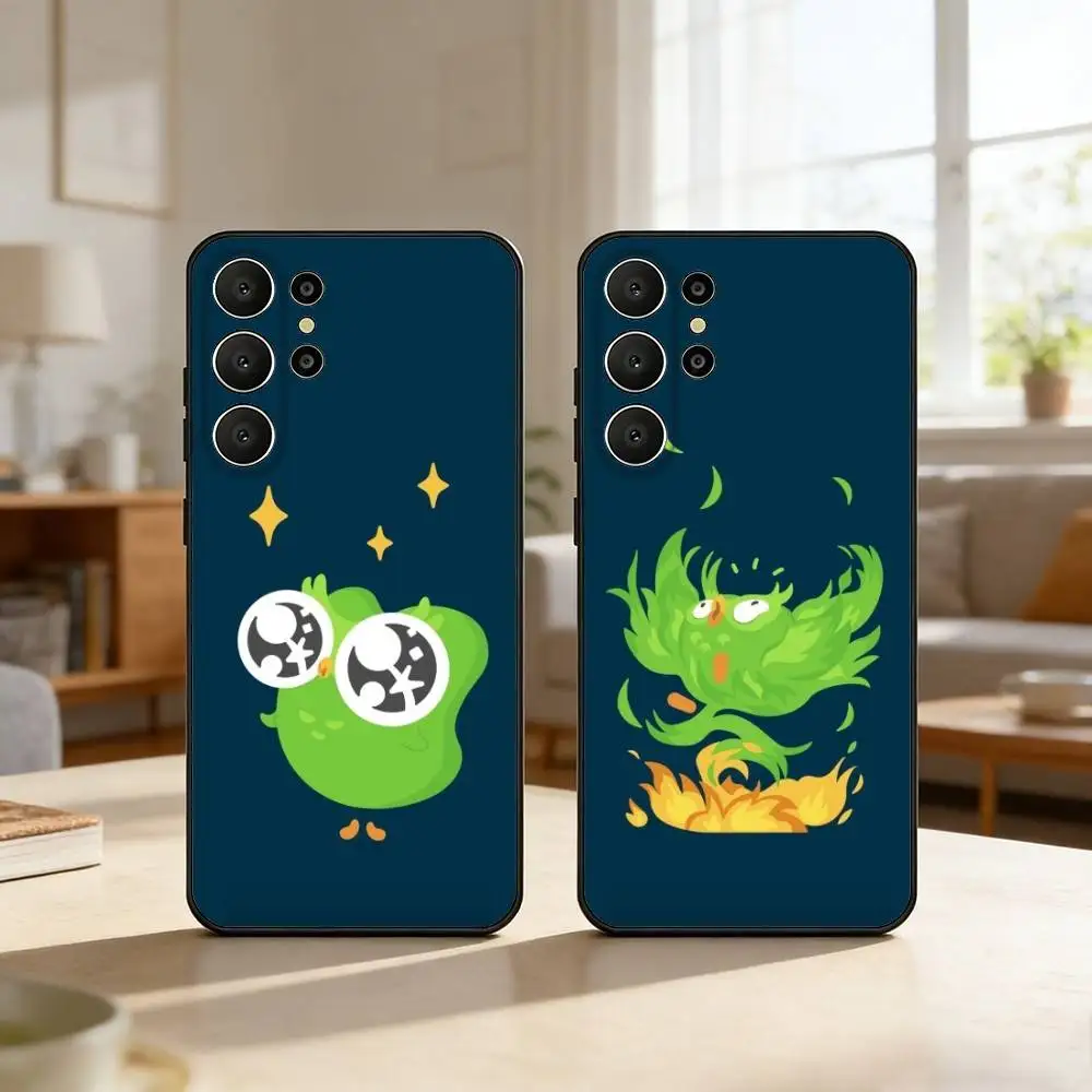 

CUTE Duolingo Owl Phone Case For Samsung S26,S25,24,23,22,30,21,10,9,Ultra,Plus,Lite,Black Soft Case