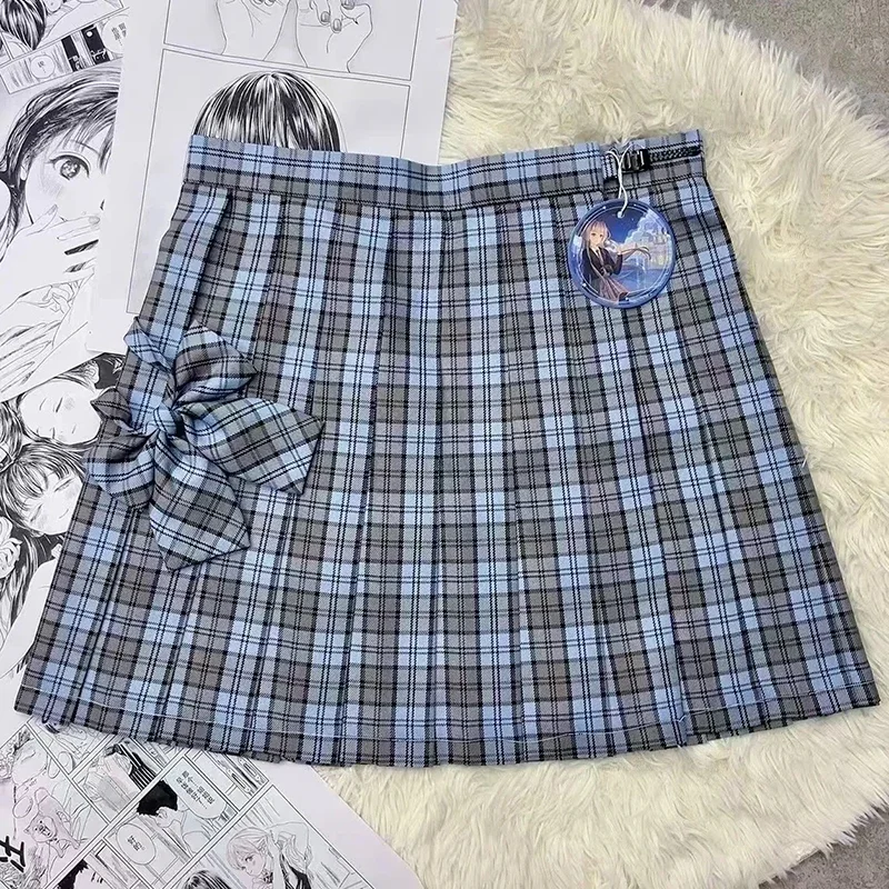 النمط الياباني منقوشة تنورة المرأة 2025 جديد الصيف عالية الخصر ضبط زر مطوي التنانير Y2K طالب لطيف الأزرق القوس التنانير الصغيرة #1