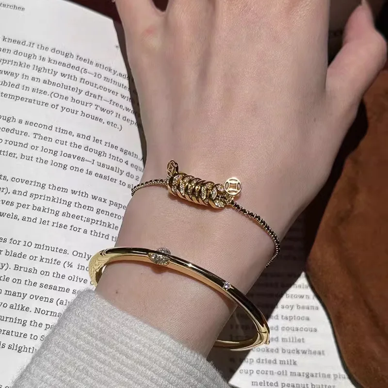 Vintage Glossy Full Diamonds Copper Coin Bracelets for women New in Charms Black Gold Braided Rope Bracelet Banquet Jewelry Gift