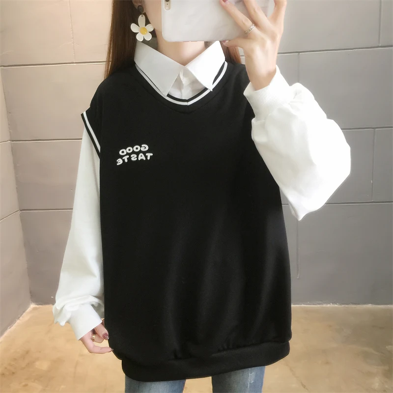 Spring and Autumn Women\'s Polo Neck Long Pullovers Sleeves Splicing Contrast Color Fake Two Pieces Fashion Casual Korean Tops