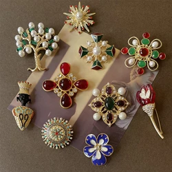 Baroque Women Palace Style Exquisite Rhinestone Cross Brooches Pins Vintage Retro Metal Badges Party Banquet Jewelry Brooch