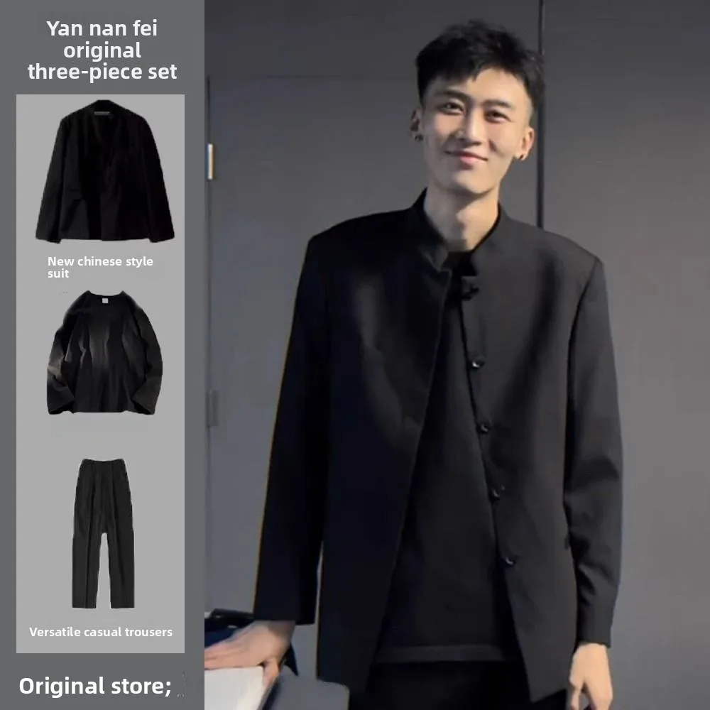 

New Chinese Style Padded Shoulder Suit Jacket for Men Trendy Brand Stand Collar High Quality Handsome Zhongshan Coat