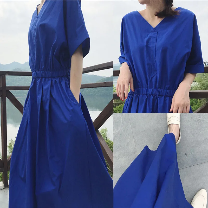 Klein Blue ort Sve Long Dr Women Summer plus Size Ultra Long Faionable Waist Cinching Korean Sle V-Ne A-Line Dr
