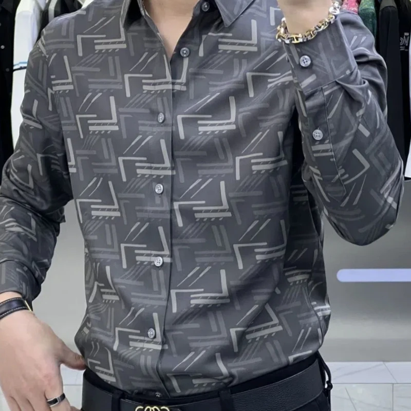 Spring Autumn Fashion Printing Turn-down Collar Long Sleeve Blouse Men\'s Clothing Casual All-match Button Trend Simplicity Shirt