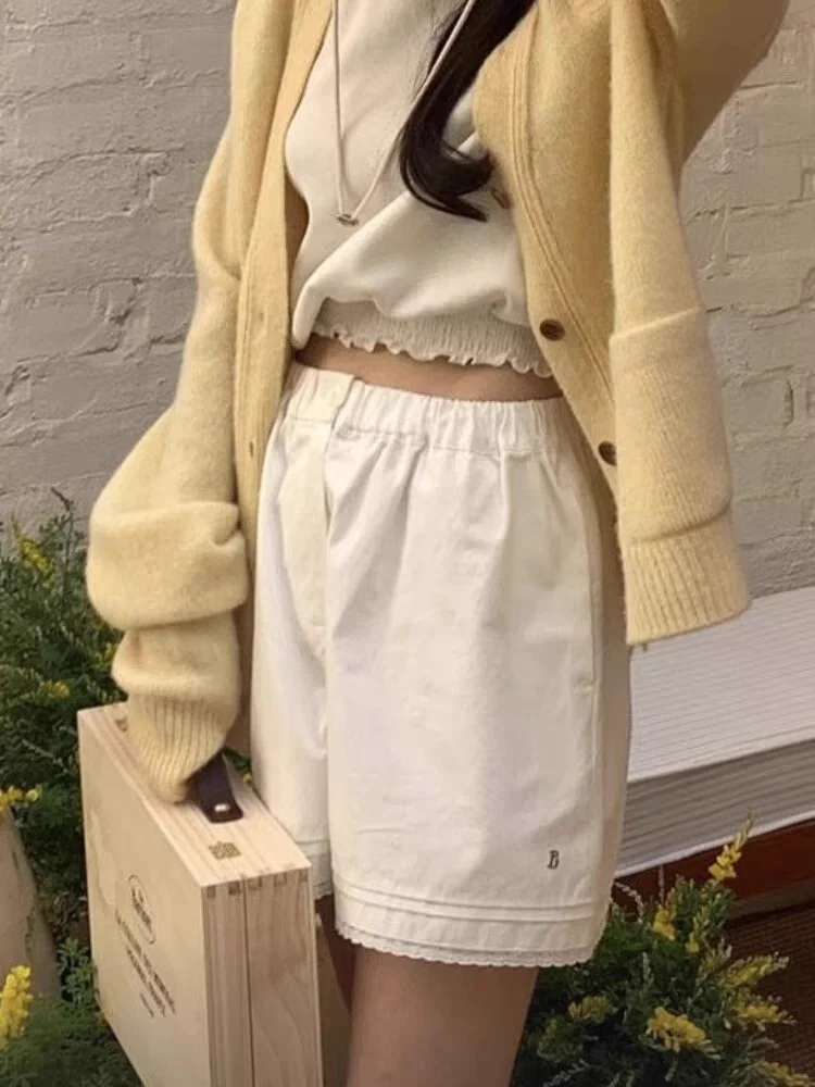 Hoge taille elastische zomer casual broek wit kant patchwork orts dames hotpants rechte pijpen woon-werkverkeer sle normaal T...