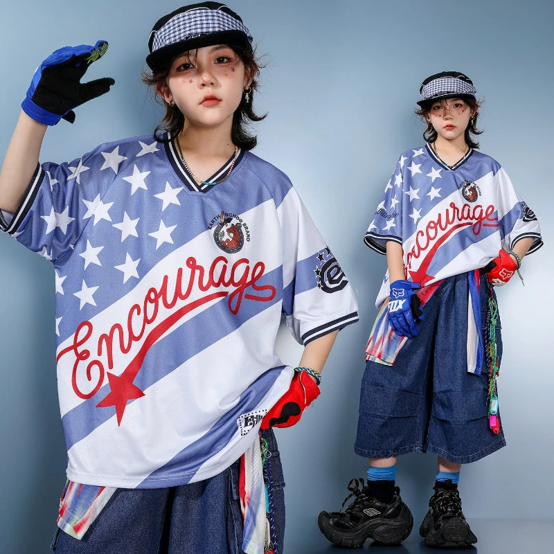 

New Boys Hip Hop Clothes Set Short Sleeve T Shirt Loose Denim Shorts Jazz Dance Outfits Group Stage Performance Catwalk Costume