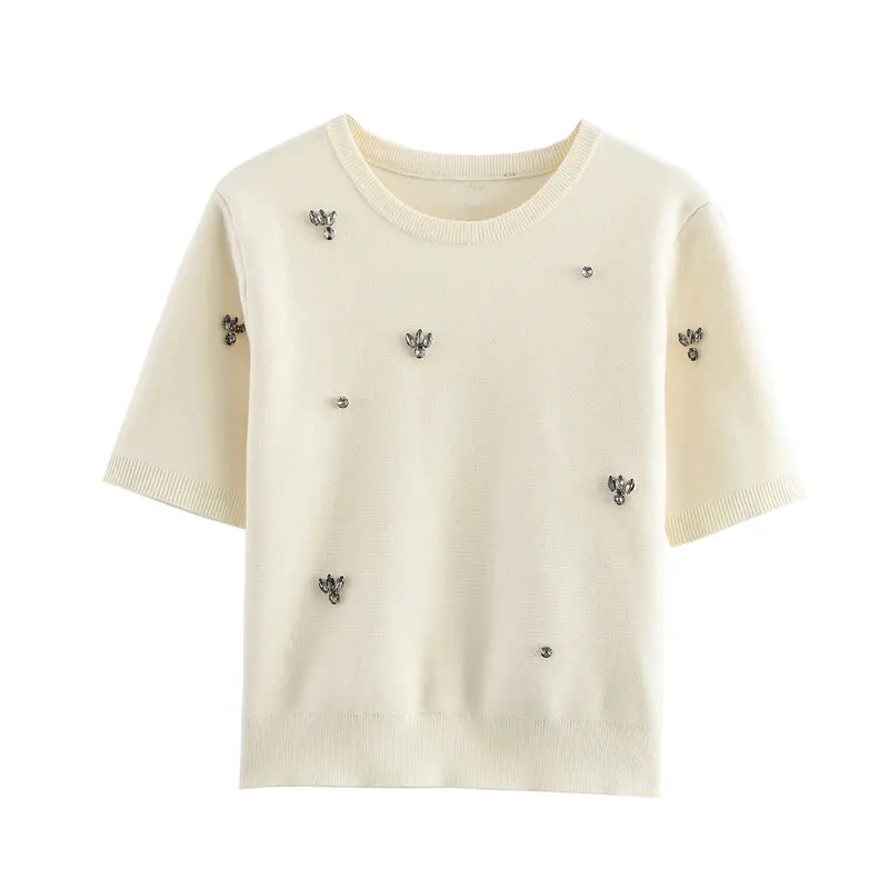 2025년 봄 여성용 부드러운 라운드넥 반팔 니트 탑 신상 패션 주얼리 비즈 디자인 (25-35세)