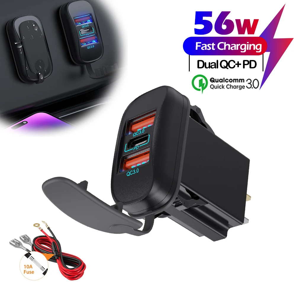3-Port 56W 12V Auto-USB-Ladegerät mit Dual QC3.0 & PD Schnellladefunktion, Schnellladeadapter für Bus, LKW, Motorrad, Wohnmobil, Marine