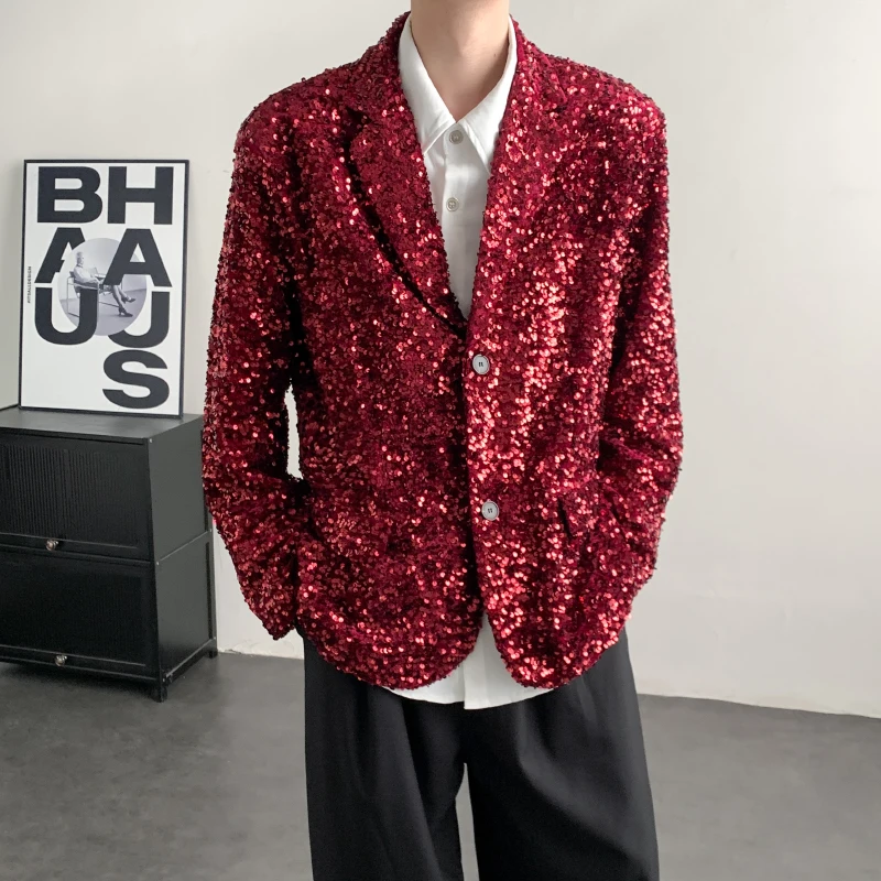 

Sparkling sequined red glossy stage costume for the evening party and annual meeting, male performance suit, singer's coat