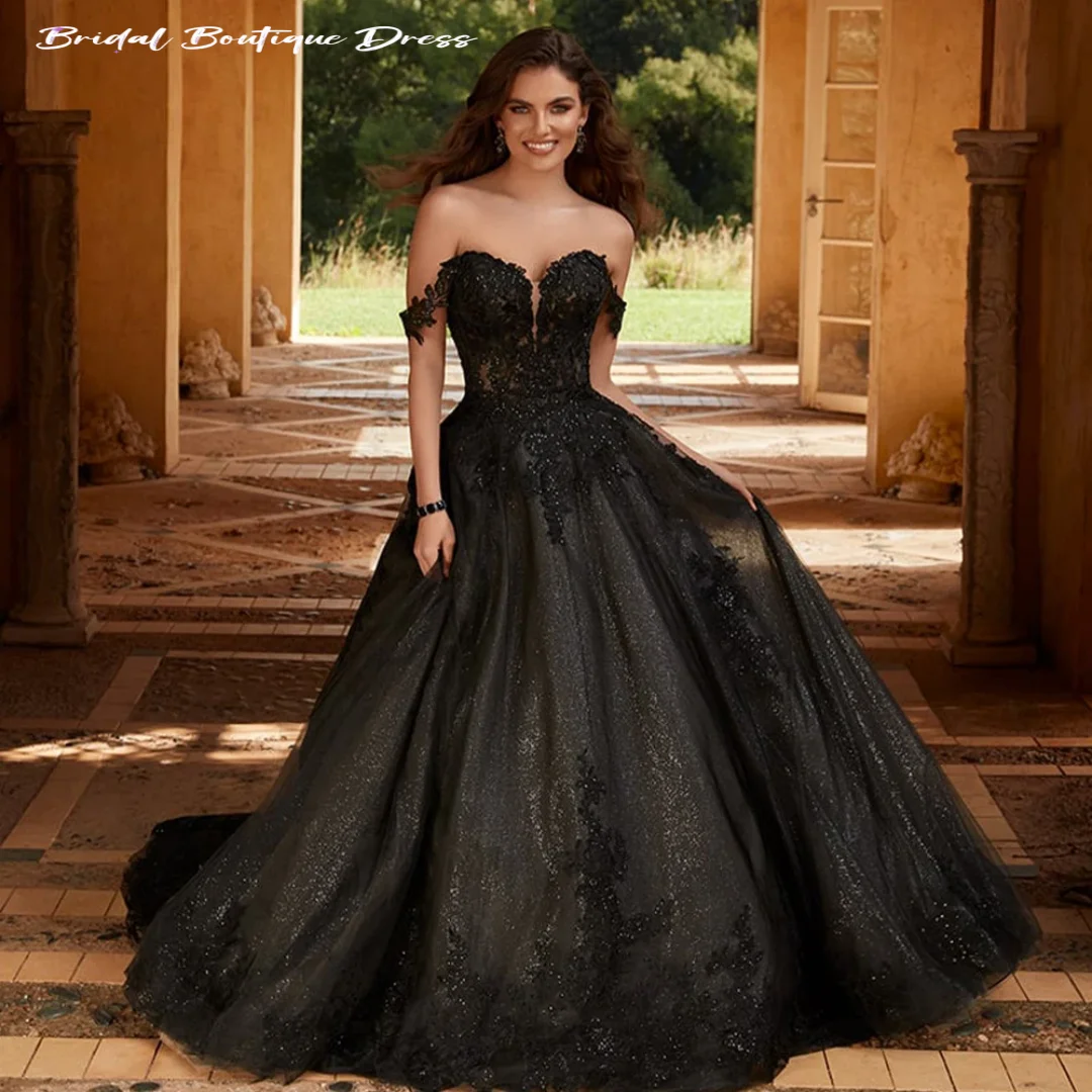

Black Wedding Dress Customized Off The Shoulder V Neck Flower Lace Glitter Tulle Gothic Bridal Gown for Woman Vestido De Noiva