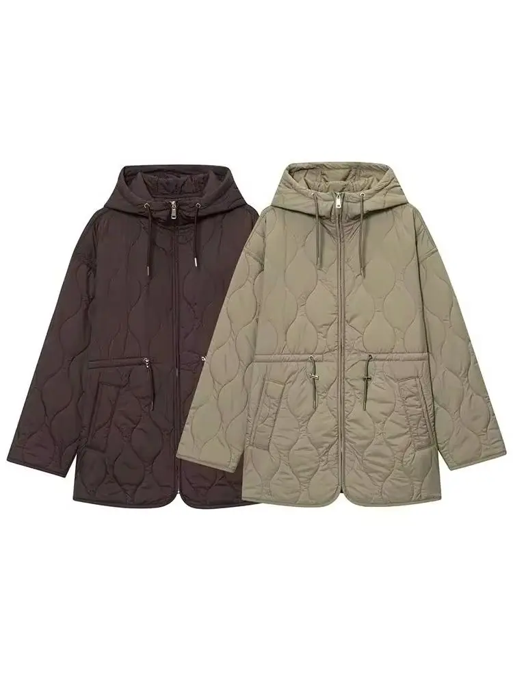 

HH Woman Winter Long Sleeves Drawstring Pocket Decoration Zipper Hooded Cotton Clothes Female Casual Street Style Cotton Jacket