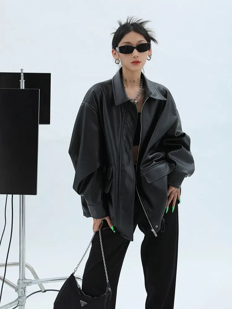 2024 Spring Autumn Oversized Casual Waterproof Black Soft Pu Leather Jacket Women with Drop Shoulder Long Sleeve Fashion