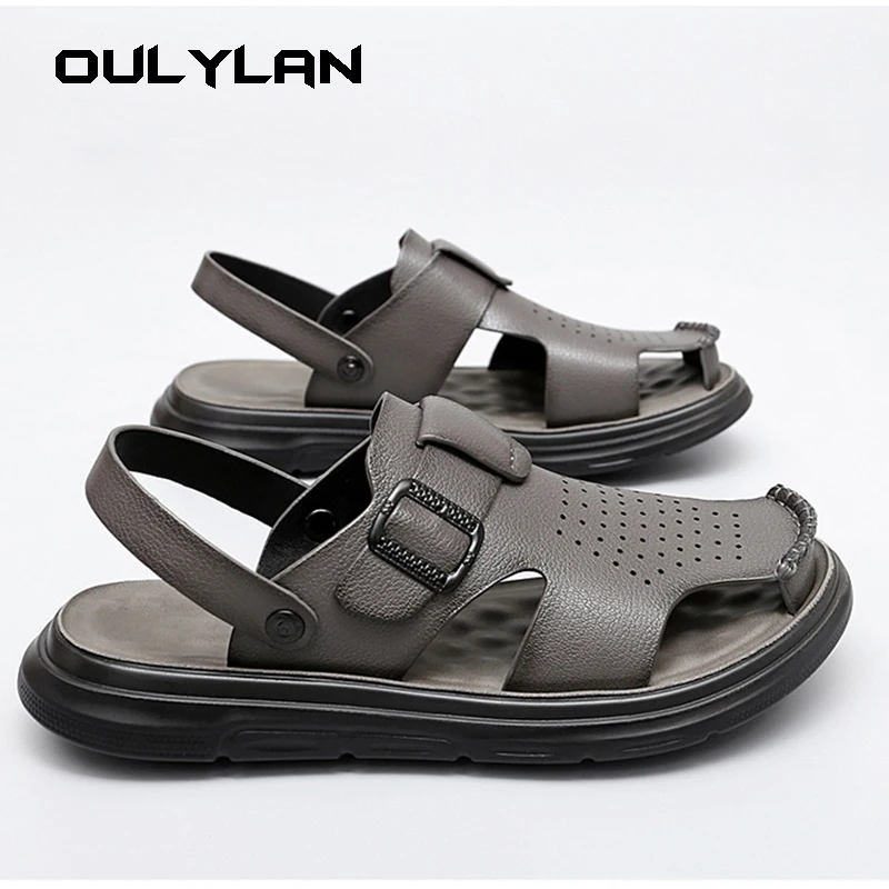 2024 New Men's Beach Shoes Fashionable Outdoor Thick-soled Genuine Leather Sandals Wear-resistant Non-slip Slippers Mens Sandals