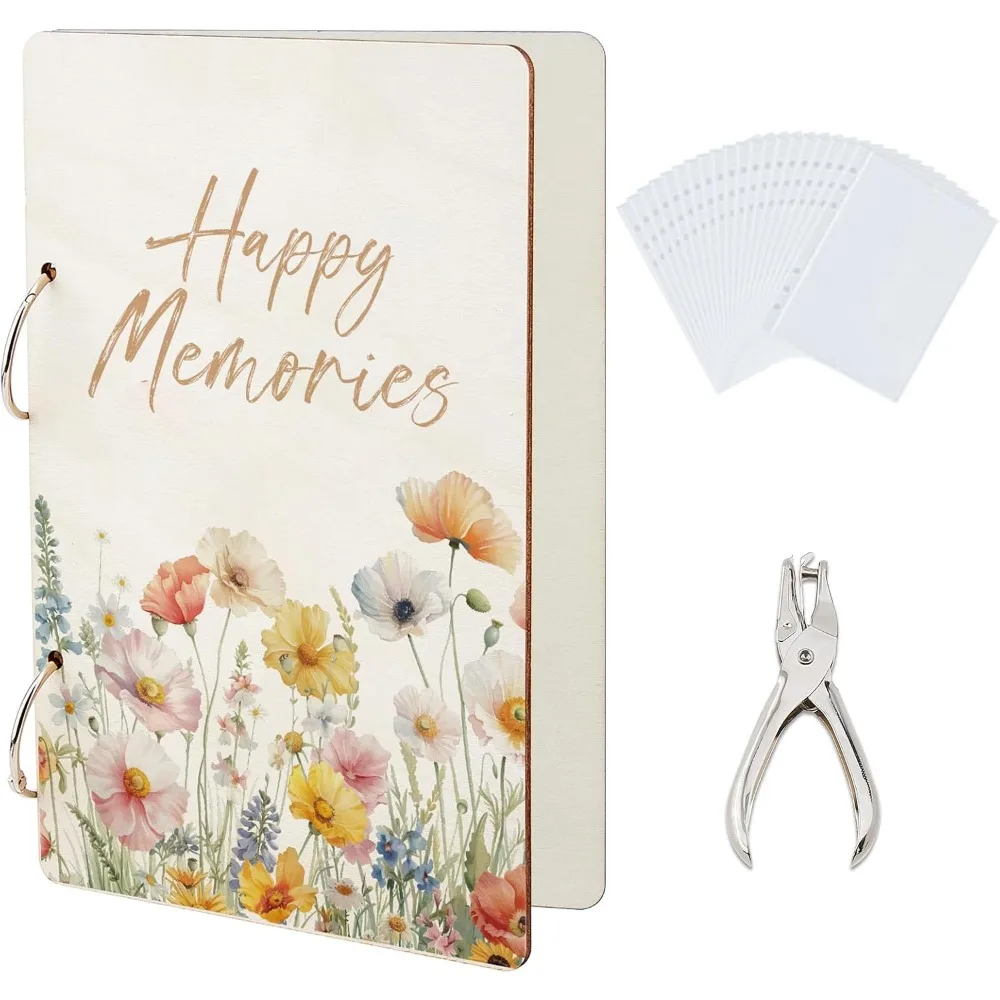 Happy Memories Grußkarten-Organizer, Aquarell-Blumen, Grußkarten-Ordner, Holzkarten, Aufbewahrungsordner, 2 Ringe, Postkarten