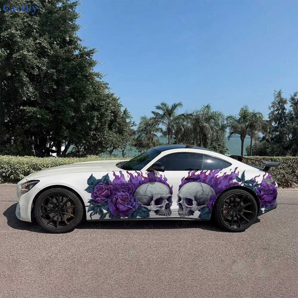 2pcs Purple Rose Fire Twin Skull Car Side Wraps, Self-Adhesive PVC Waterproof & Scratch-Resistant Stickers, Car Accessory Gift