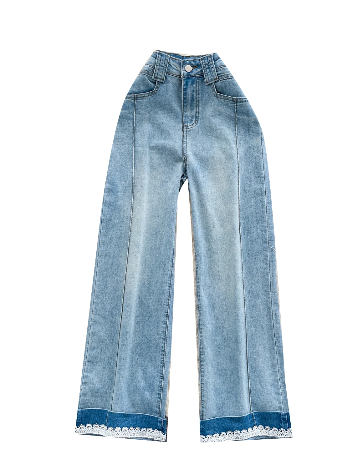 

Light Blue Vintage Lace Trim Denim Jeans Women's Summer Straight Leg Drapey Nine Point Trousers High Waist Wide Leg Pants