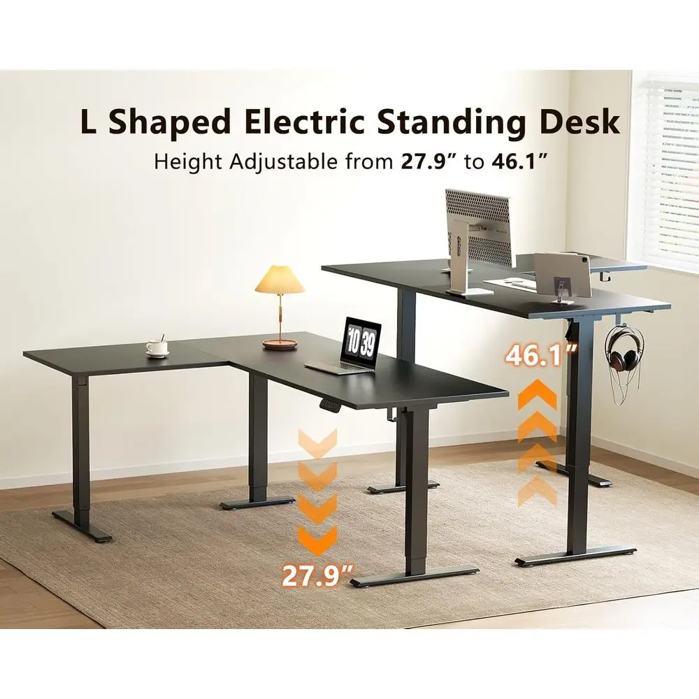 مكتب كهربائي مريح على شكل 63 لتر، ارتفاع قابل للتعديل، مكتب قائم زاوية كبيرة لمحطات العمل في المنزل والمكتب، أسود